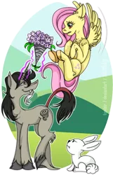 Size: 490x763 | Tagged: safe, artist:shokly, derpibooru import, angel bunny, discord, fluttershy, pony, blushing, bouquet, cloven hooves, discoshy, female, magic, male, pony discord, shipping, straight