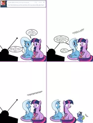 Size: 1204x1604 | Tagged: safe, artist:dekomaru, derpibooru import, trixie, twilight sparkle, oc, oc:aurora, oc:nebula, pony, tumblr:ask twixie, ask, baby, baby pony, colt, female, filly, gak, lesbian, magical lesbian spawn, male, offspring, parent:trixie, parent:twilight sparkle, parents:twixie, shipping, television, tumblr, twixie