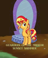 Size: 1083x1323 | Tagged: safe, artist:zharkaer, derpibooru import, sunset shimmer, alicorn, pony, equestria girls, alicornified, curved horn, female, good end, magic mirror, mare, race swap, shimmercorn, solo, sunset shimmer day, text