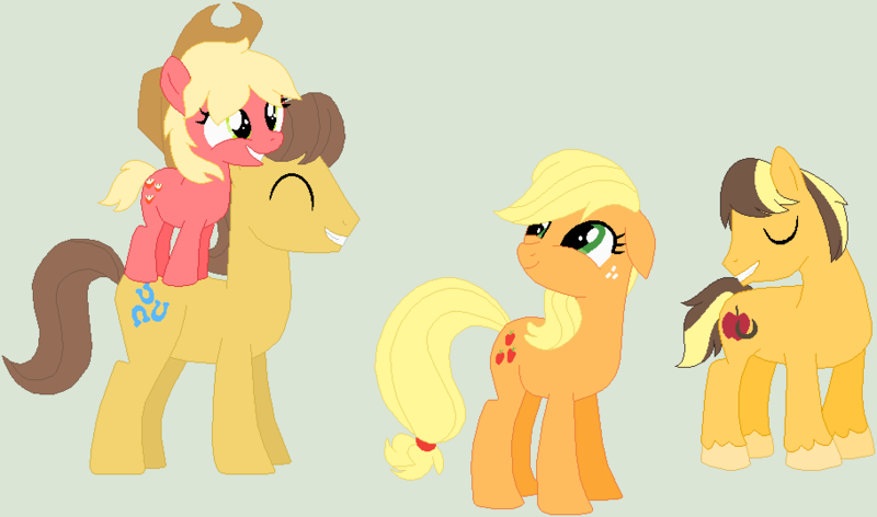 Size: 911x537 | Tagged: safe, artist:lost-our-dreams, derpibooru import, applejack, caramel, oc, oc:jonathan buck, oc:red gala, earth pony, pony, base used, carajack, female, filly, floppy ears, male, offspring, parent:applejack, parent:caramel, parents:carajack, shipping, stallion, straight