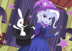 Size: 2406x1696 | Tagged: safe, artist:liu ting, derpibooru import, angel bunny, trixie, equestria girls, angel is a bunny bastard, anime, cape, clothes, crossover, danganronpa, hat, monokuma, pixiv, solo, top hat, trixie's cape, trixie's hat, wand