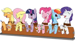 Size: 1100x601 | Tagged: suggestive, artist:icey-wicey-1517, artist:placeholder, derpibooru import, applejack, fluttershy, pinkie pie, rainbow dash, rarity, twilight sparkle, twilight sparkle (alicorn), alicorn, earth pony, parasprite, pegasus, pony, unicorn, body writing, bondage, bondage furniture, bound wings, brush, colored, crying, erotic tickling, eyes closed, feather, female, fetish, hoof fetish, hoof tickling, hooves, laughing, mane six, mare, one eye closed, open mouth, paintbrush, rope, rope bondage, simple background, stocks, tears of laughter, tickle fetish, tickle torture, tickling, tongue out, underhoof, white background