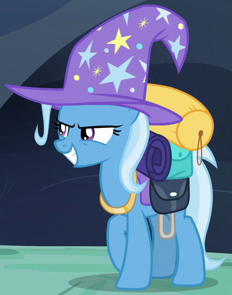 Size: 590x750 | Tagged: safe, derpibooru import, screencap, trixie, pony, to where and back again, cropped, female, grin, hat, mare, smiling, solo, wizard hat