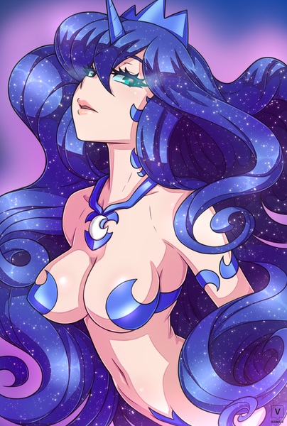 Size: 842x1250 | Tagged: artist:kawa-v, belly button, breasts, busty princess luna, crown, derpibooru import, female, glowing eyes, horn, horned humanization, human, humanized, jewelry, looking at you, princess luna, regalia, solo, solo female, suggestive