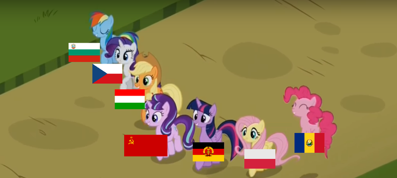 Size: 1100x494 | Tagged: alicorn, applejack, bulgaria, communism, czech, czechoslovakia, derpibooru import, east germany, eqg flag-tag meme, flag, fluttershy, friends are always there for you, hungary, mane six, pinkie pie, poland, rainbow dash, rarity, romania, safe, soviet union, stalin glimmer, starlight glimmer, twilight sparkle, twilight sparkle (alicorn), warsaw pact