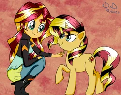 Size: 1024x800 | Tagged: safe, artist:doppiad-doubled, derpibooru import, sunset shimmer, pony, unicorn, equestria girls, chin scratch, clothes, cute, female, human ponidox, jacket, leather jacket, mare, pants, raised hoof, self ponidox, shimmerbetes, sunset shimmer day