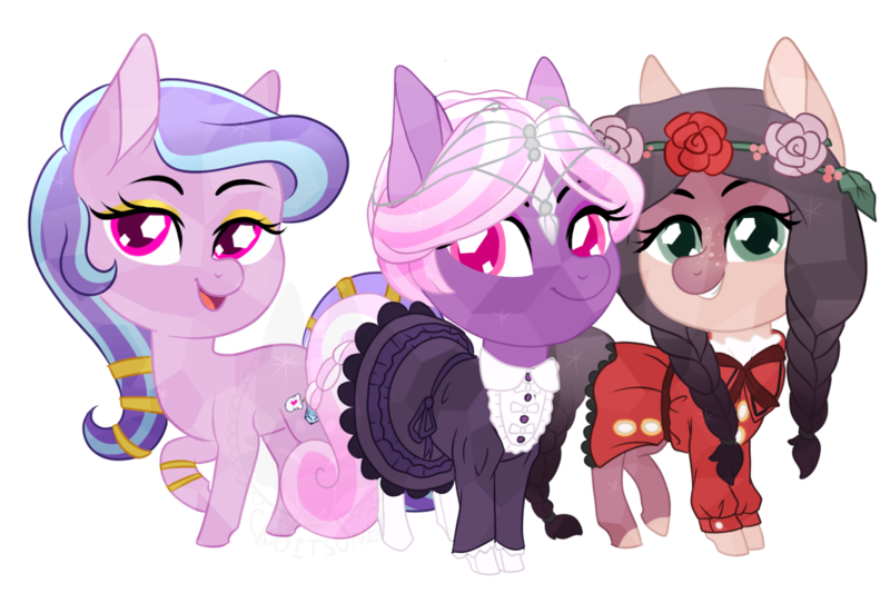 Size: 1132x754 | Tagged: safe, artist:koitsune, derpibooru import, oc, oc:dahlia, oc:ophelia, oc:succulent scent, unofficial characters only, crystal pony, pony, chibi, circlet, clothes, dress, eyeshadow, female, flower, flower in hair, jewelry, lolita fashion, looking at you, makeup, mare, stockings, thigh highs, trio, twins