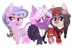 Size: 1132x754 | Tagged: safe, artist:koitsune, derpibooru import, oc, oc:dahlia, oc:ophelia, oc:succulent scent, unofficial characters only, crystal pony, pony, chibi, circlet, clothes, dress, eyeshadow, female, flower, flower in hair, jewelry, lolita fashion, looking at you, makeup, mare, stockings, thigh highs, trio, twins