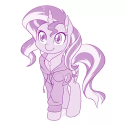Size: 800x800 | Tagged: safe, artist:dstears, derpibooru import, sunset shimmer, pony, unicorn, clothes, cute, earbuds, female, hoodie, mare, monochrome, mp3 player, shimmerbetes, simple background, smiling, solo, sunset shimmer day, sweater, white background