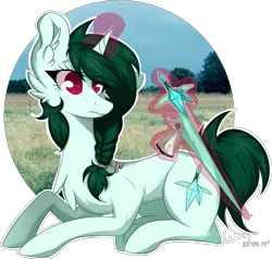 Size: 1111x1057 | Tagged: safe, artist:mackenzei-stock, artist:woonborg, derpibooru import, oc, oc:jadeite nephrite, unofficial characters only, pony, unicorn, braid, chest fluff, cloth, ear fluff, female, field, floppy ears, frown, glowing horn, grass, grass field, irl, levitation, magic, mare, photo, ponies in real life, prone, sky, solo, sword, telekinesis, tree, weapon