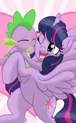 Size: 1200x1920 | Tagged: safe, artist:theroyalprincesses, derpibooru import, spike, twilight sparkle, twilight sparkle (alicorn), alicorn, dragon, pony, baby, baby dragon, cute, cutie mark, female, heart, heart background, kiss on the cheek, kissing, male, mama twilight, mare, one eye closed, one eye open, open mouth, platonic kiss, smiling, spikabetes, spikelove, twiabetes