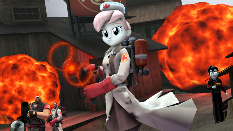 Size: 1920x1080 | Tagged: safe, artist:megatron-returns, derpibooru import, nurse redheart, oc, oc:flame thrower, equestria girls, 3d, crossover, equestria girls-ified, explosion, heavy weapons guy, medic, medigun, minigun, smiling, smirk, source filmmaker, team fortress 2, weapon