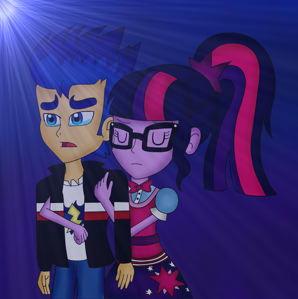 Size: 944x947 | Tagged: safe, artist:lonelychocolatchip, derpibooru import, flash sentry, sci-twi, twilight sparkle, equestria girls, comforting, couple, female, flashlight, male, sciflash, shipping, straight