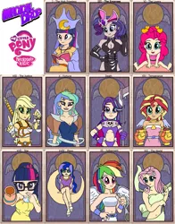 Size: 2051x2616 | Tagged: safe, derpibooru import, applejack, fluttershy, pinkie pie, princess celestia, princess luna, rainbow dash, rarity, sci-twi, starlight glimmer, sunset shimmer, twilight sparkle, equestria girls, bandeau, belly button, breasts, cleavage, clothes, crossover, death, dress, empress, fortune, high priestess, judgement, justice, justitia, lady justice (goddess), magical drop, mane six, midriff, moon, scales of justice, stars, tarot card, temperance, the world, world