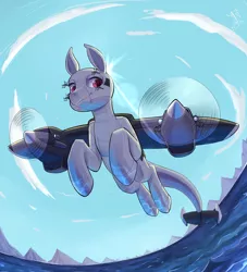 Size: 1200x1323 | Tagged: safe, artist:siberwar, derpibooru import, oc, oc:dorn, unofficial characters only, original species, plane pony, pony, do 217 n2, flying, grin, male, ocean, plane, smiling, solo, stallion