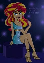 Size: 640x908 | Tagged: suggestive, artist:purfectprincessgirl, derpibooru import, sunset shimmer, equestria girls, breasts, clothes, crossed legs, dress, female, high heels, looking at you, nail polish, shoes, sitting, solo, solo female, sunset shimmer day
