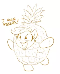 Size: 522x640 | Tagged: safe, artist:shoutingisfun, derpibooru import, original species, pony, clothes, costume, dialogue, female, food, generic pony, mare, monochrome, pineapple, shots fired, solo