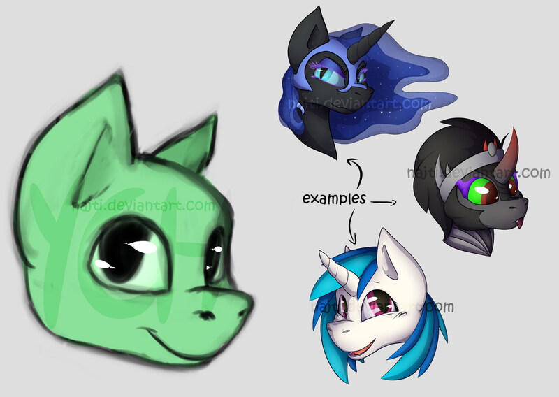 Size: 1416x1005 | Tagged: adorable face, artist:najti, bust, character, commission, cute, derpibooru import, expression, head, here, king sombra, looking at you, moon, moonabetes, nightmare, nightmare moon, oc, portrait, safe, smiling, solo, sombradorable, sombra eyes, unofficial characters only, vinyl, vinylbetes, vinyl scratch, ych example, your character here