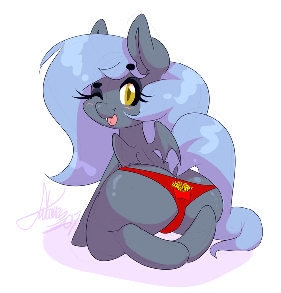 Size: 3924x4089 | Tagged: suggestive, artist:fatcakes, derpibooru import, oc, oc:panne, unofficial characters only, bat pony, pony, adorasexy, bat pony oc, clothes, cute, female, food, french fries, one eye closed, panties, plot, raspberry, sexy, smiling, solo, solo female, tongue out, underwear, wink