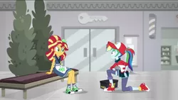 Size: 1136x640 | Tagged: safe, derpibooru import, screencap, rainbow dash, sunset shimmer, eqg summertime shorts, equestria girls, good vibes, alternate hairstyle, canterlot mall, clothes, converse, duo, kneeling, shoes, sitting, sneakers, sunset sushi