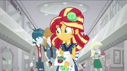 Size: 1136x640 | Tagged: safe, derpibooru import, screencap, derpy hooves, sunset shimmer, thunderbass, valhallen, eqg summertime shorts, equestria girls, good vibes, background human, canterlot mall, cupcake, food, sunset sushi, sushi