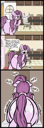 Size: 664x1920 | Tagged: grimdark, suggestive, artist:mulberrytarthorse, derpibooru import, oc, oc:mulberry tart, unofficial characters only, unicorn, belly, big belly, comic, digestion, female, fetish, from behind, heavy breathing, implied death, mare, plot, stomach noise, sweat, tired, vore, wide hips, yawn