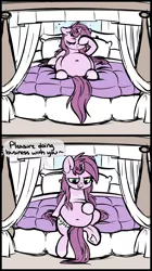 Size: 1076x1920 | Tagged: grimdark, suggestive, artist:mulberrytarthorse, derpibooru import, oc, oc:mulberry tart, unofficial characters only, unicorn, bed, belly, belly button, comic, digestion, fat, female, fetish, implied death, mare, post-vore, stomach noise, underhoof, vore, waking up