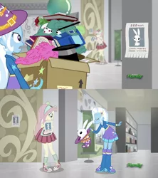 Size: 1920x2160 | Tagged: safe, derpibooru import, screencap, angel bunny, fluttershy, trixie, eqg summertime shorts, equestria girls, good vibes, converse, hat, magic trick, magician outfit, poster, shoes, sneakers