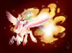 Size: 1200x896 | Tagged: safe, artist:emuuanne, derpibooru import, daybreaker, princess celestia, alicorn, pony, catasterism, daybreak celestia, fire, flying, grin, mane of fire, smiling, transformation