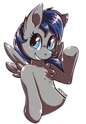 Size: 1024x1474 | Tagged: safe, artist:ratlovera, derpibooru import, oc, unofficial characters only, pegasus, pony, blue eyes, blue mane, gray coat, simple background, smiling, solo, transparent background, waving