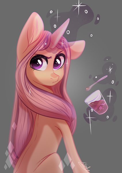 Size: 2480x3508 | Tagged: safe, artist:worldlofldreams, derpibooru import, oc, unofficial characters only, pony, unicorn, long mane, looking back, magic, pale coat, pink mane, purple eyes, solo