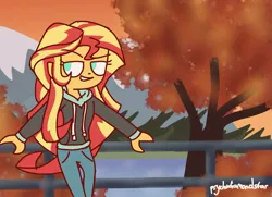 Size: 1378x999 | Tagged: safe, artist:psychodiamondstar, derpibooru import, sunset shimmer, equestria girls, autumn, clothes, coat, hoodie, leaning, pants, smiling, solo, sunset shimmer day, sweater, tree