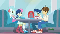Size: 1898x1080 | Tagged: safe, derpibooru import, screencap, bon bon, curly winds, lyra heartstrings, some blue guy, sweetie drops, wiz kid, coinky-dink world, eqg summertime shorts, equestria girls, adorabon, converse, cute, diner, discovery family logo, female, gay, lyrabetes, male, shipping, shoes, sitting, smiling, sneakers, teenager, wizwinds