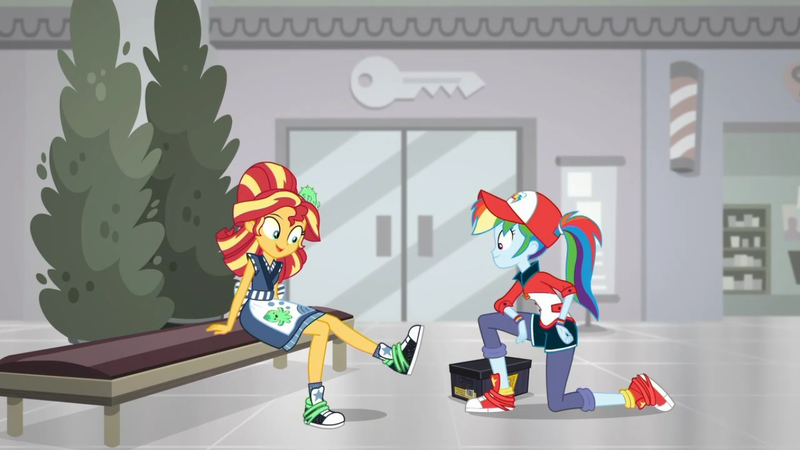 Size: 1366x768 | Tagged: safe, derpibooru import, screencap, rainbow dash, sunset shimmer, eqg summertime shorts, equestria girls, good vibes, converse, shoes, sneakers, sunset sushi