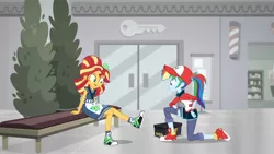 Size: 1366x768 | Tagged: safe, derpibooru import, screencap, rainbow dash, sunset shimmer, eqg summertime shorts, equestria girls, good vibes, converse, shoes, sneakers, sunset sushi