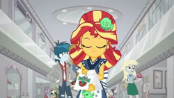 Size: 770x434 | Tagged: safe, derpibooru import, screencap, bright idea, derpy hooves, flash sentry, golden hazel, starlight, sunset shimmer, sweet leaf, thunderbass, valhallen, velvet sky, eqg summertime shorts, equestria girls, good vibes, animated, apron, background human, clothes, cute, diasentres, food, fountain, happi, japanese, no sound, shipping fuel, sunset sushi, sushi, water, webm
