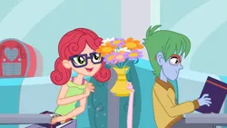 Size: 1366x768 | Tagged: safe, derpibooru import, screencap, alizarin bubblegum, celery stalk, pinkie pie, coinky-dink world, eqg summertime shorts, equestria girls, alizary, background human, diner, flower, shipping fuel