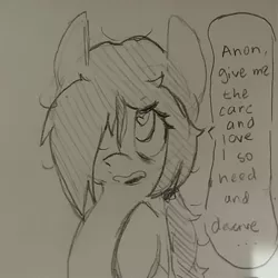 Size: 1240x1240 | Tagged: safe, artist:shpace, derpibooru import, oc, oc:anon, oc:floor bored, unofficial characters only, earth pony, pony, /mlp/, 4chan, dialogue, female, heart eyes, mare, monochrome, open mouth, ponytail, solo, speech bubble, traditional art, wingding eyes