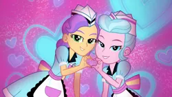 Size: 3200x1800 | Tagged: safe, derpibooru import, screencap, sunny sugarsocks, tip top, coinky-dink world, eqg summertime shorts, equestria girls, abstract background, bedroom eyes, diner uniform, doo wop, heart, heart hands, milkshake malt, waitress