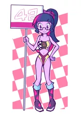 Size: 800x1200 | Tagged: safe, artist:rvceric, derpibooru import, sci-twi, twilight sparkle, equestria girls, 42, adorasexy, belly button, boots, checkered background, clothes, cute, female, glasses, high heel boots, leotard, looking at you, navel cutout, race queen, sexy, shoes, sign, smiling, solo, twiabetes