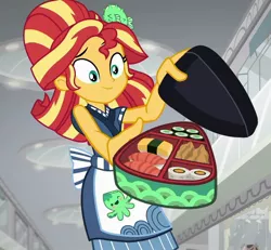 Size: 1160x1073 | Tagged: safe, derpibooru import, screencap, sunset shimmer, eqg summertime shorts, equestria girls, good vibes, apron, barrette, bento, clothes, female, food, hair bun, hairclip, hairpin, happi, rice, solo, standing, sunset sushi, sushi, uniform