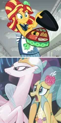Size: 778x1569 | Tagged: safe, derpibooru import, princess skystar, queen novo, sunset shimmer, seapony (g4), eqg summertime shorts, equestria girls, good vibes, my little pony: the movie, apron, bento, clothes, food, happi, rice, sunset sushi, sushi