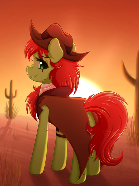 Size: 2584x3466 | Tagged: safe, artist:fluffymaiden, derpibooru import, oc, oc:snap apple, unofficial characters only, pony, cowboy hat, female, hat, looking back, mare, smiling, solo, stetson