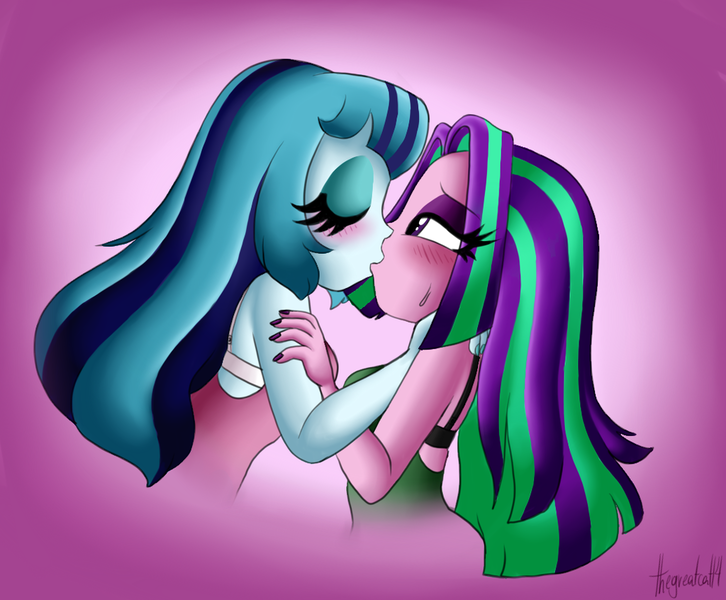 Size: 1024x846 | Tagged: safe, artist:queentigrel, derpibooru import, aria blaze, sonata dusk, equestria girls, rainbow rocks, arisona, bedroom eyes, blushing, breasts, clothes, female, kissing, lesbian, shipping