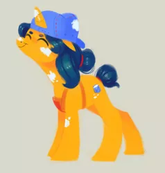 Size: 1885x1984 | Tagged: safe, artist:1eg, derpibooru import, fresh coat, pony, unicorn, apron, backwards ballcap, baseball cap, cap, clothes, eyes closed, female, floppy ears, hat, mare, paint on fur, solo