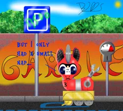 Size: 2260x2041 | Tagged: safe, artist:trackheadtherobopony, derpibooru import, oc, oc:trackhead, unofficial characters only, pony, robot, robot pony, graffiti, parking ticket, sign, signature, solo, tree, wheel boot