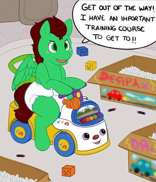 Size: 3000x3500 | Tagged: anthro, anthro oc, arm hooves, artist:zombineko, bipedal, cardboard box, commission, crayon, derpibooru import, diaper, diaper fetish, doodles, fetish, fisher price, oc, oc:northern haste, packing peanuts, playing, safe, semi-anthro, solo, toddler, toy, unofficial characters only