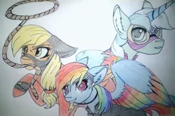 Size: 1024x681 | Tagged: safe, artist:evergreen-gemdust, derpibooru import, applejack, lyra heartstrings, mistress marevelous, rainbow dash, zapp, pony, lasso, power ponies, rope, traditional art