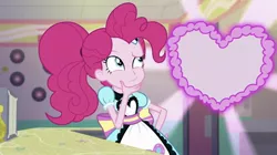 Size: 1200x674 | Tagged: safe, derpibooru import, edit, editor:kingkek42, screencap, pinkie pie, coinky-dink world, eqg summertime shorts, equestria girls, diner, diner uniform, exploitable, heart, server pinkie pie, solo, template, thinking