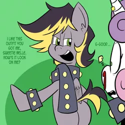 Size: 576x576 | Tagged: safe, artist:pembroke, derpibooru import, sweetie belle, oc, oc:aero, pegasus, pony, unicorn, bipedal, blood, colt, male, meanie belle, nosebleed, offspring, parent:derpy hooves, parent:oc:warden, parents:canon x oc, parents:warderp, plot, studded bracelet